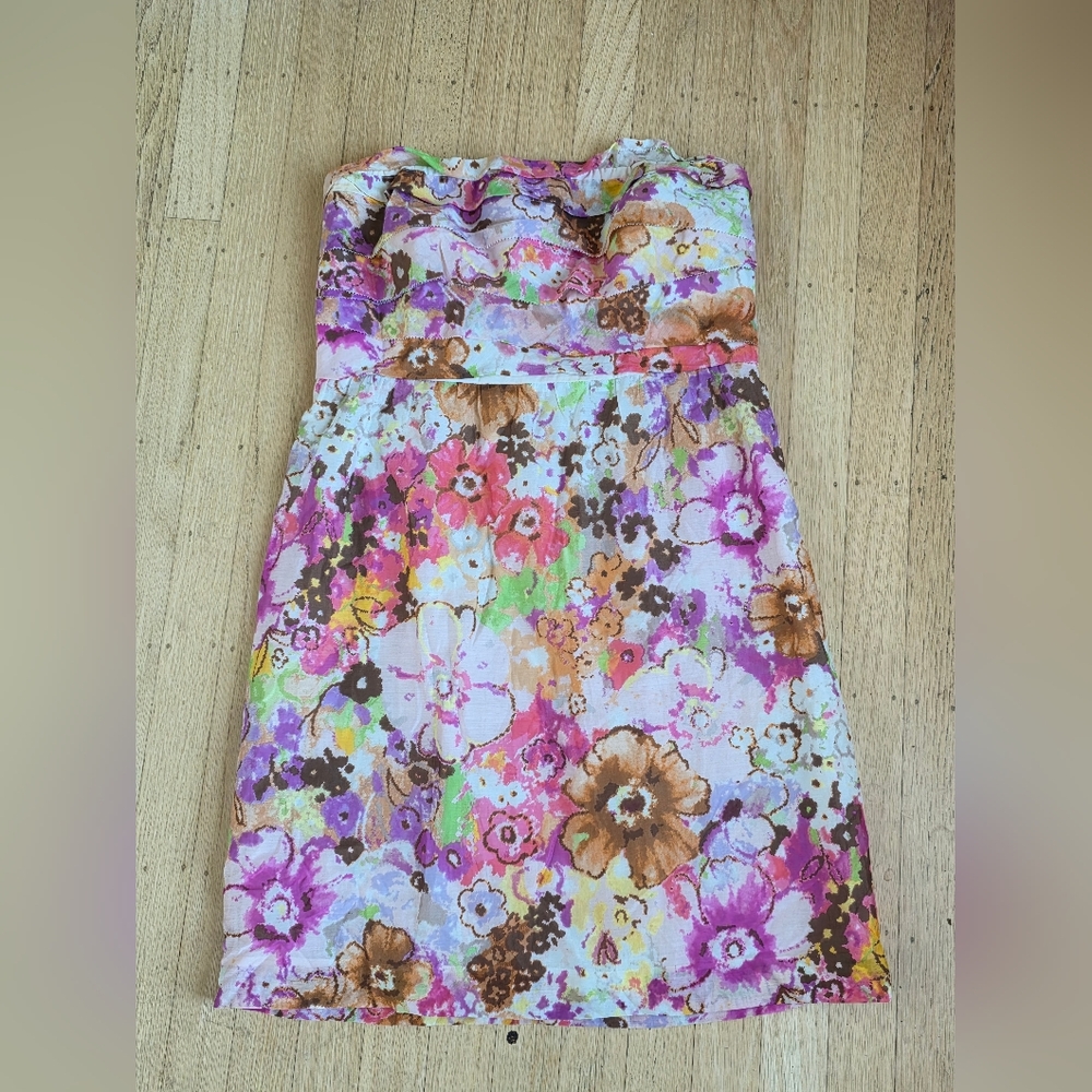 J.Crew Multi-Color Tiered Cotton Silk Floral Watercolor Strapless Dress Size 10
